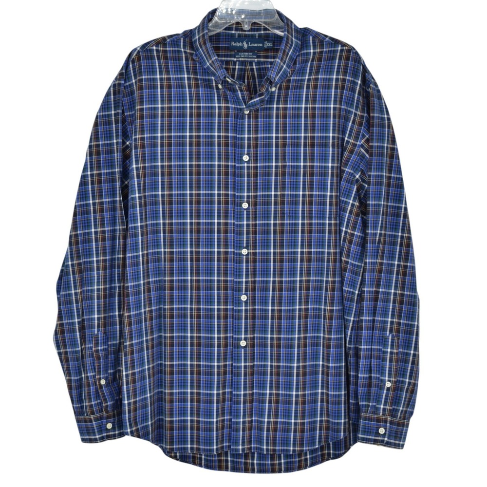 Ralph Lauren Shirt Men's XXL Custom Fit Blue Plaid Two-Ply Cotton Button Down